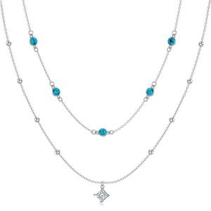 925 S.S.  Layered Turquoise Bead Gemstones w/ 1CT Moissanite Pendant Necklace